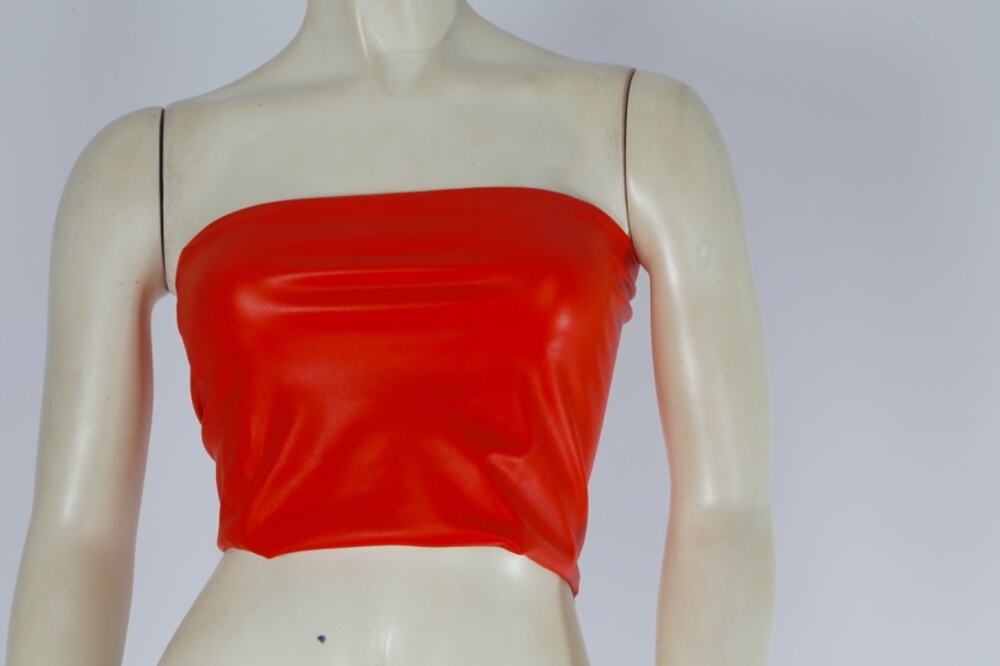 LAPOINTE Poppy Red Orange Stretch Faux Leather Strapless Tube Crop Top Sz 8 $390